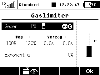 Gaslimiter (nur im Modelltyp Heli, Feineinstellungen-> Gaslimiter) Wenn Sie mehrere Flugzustände programmiert haben und alle haben spezielle Gaskurven, könnte der Gaslimiter Ihnen helfen, die