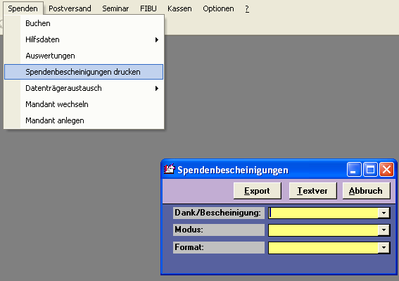 Hier nur eine Kurzerklärung (ausführliche Informationen in der Online-Dokumentation unter "Dankbriefe" und "Bescheinigung"): Wählen Sie die Art der Bescheinigung aus und geben Sie an in welchem Modus