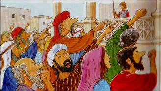 Klasse 1-4 Feiertage Passionszeit Erzählung Blatt 4 Verurteilung von Jesus Jesus wird zu Kaiphas, dem Hohenpriester gebracht. Petrus folgt von Ferne. Er steht am wärmenden Feuer.