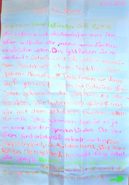 Oberwöhr Pfarrbrief Advent und Weihnachten 2012 Brief an Pfarrer Reichel von Antonia Brunkow, 10 Jahre, 5. Klasse Ignaz-Günther-Gymnasium und Caterina Ribeca, 8 Jahre, 3.