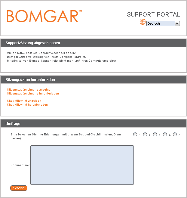 Kundenaustrittsumfrage Nach der Sitzung wird der Kunde darüber informiert, dass Bomgar deinstalliert wurde, wenn kein Jump-Client für einen späteren Zugriff installiert wurde. Der Kunde wird u. U.