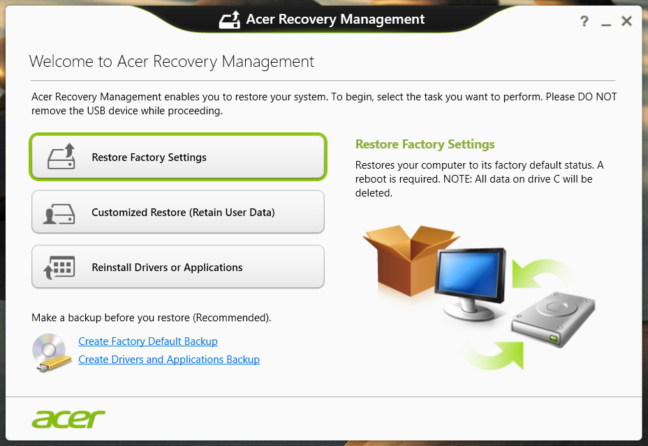 Wiederherstellung - 21 1. Geben Sie im Start-Bildschirm Wiederherstellung ein und klicken Sie anschließend auf Acer Recovery Management in der Liste mit Apps. 2. Klicken Sie auf Sicherung von Werkseinstellungen.