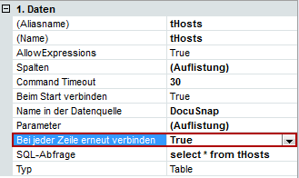 Seite 103 Berichtswesen Bei den Eigenschaften der Tabelle muss die Eigenschaft Bei jeder Zeile erneut verbinden auf true gestellt werden.