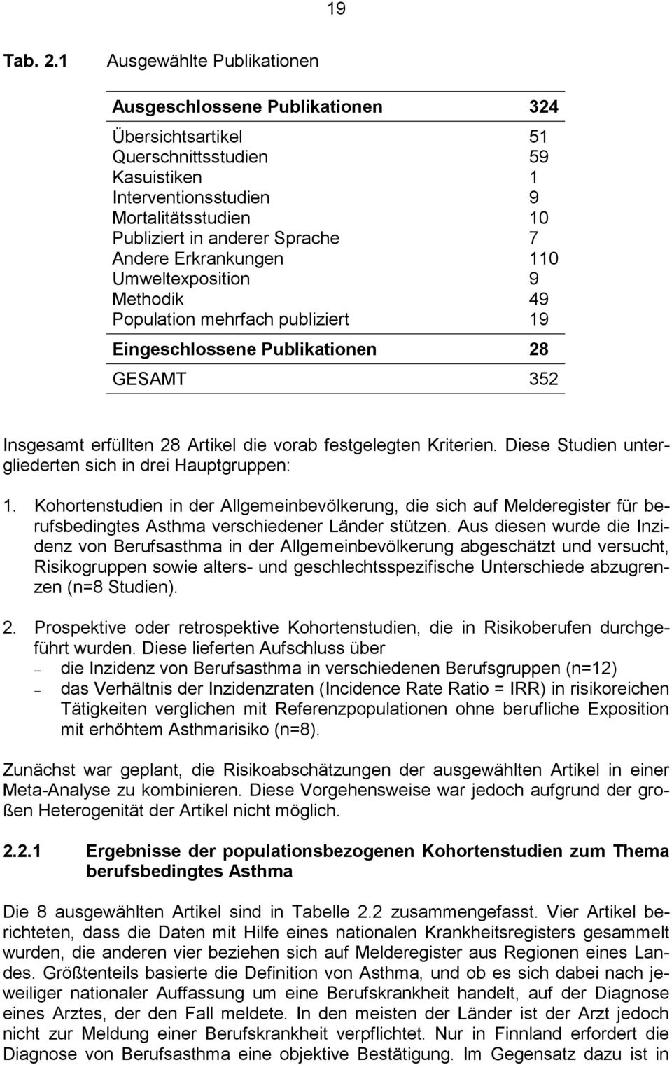 Erkrankungen Umweltexposition Methodik Population mehrfach publiziert 51 59 1 9 10 7 110 9 49 19 Eingeschlossene Publikationen 28 GESAMT 352 Insgesamt erfüllten 28 Artikel die vorab festgelegten