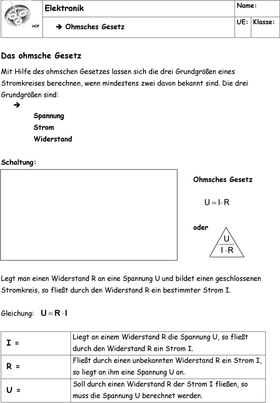 Die drei Grundgrößen sind: Spannung Strom Widerstand Schaltung: Ohmsches Gesetz oder Legt man einen Widerstand an eine Spannung und bildet einen geschlossenen