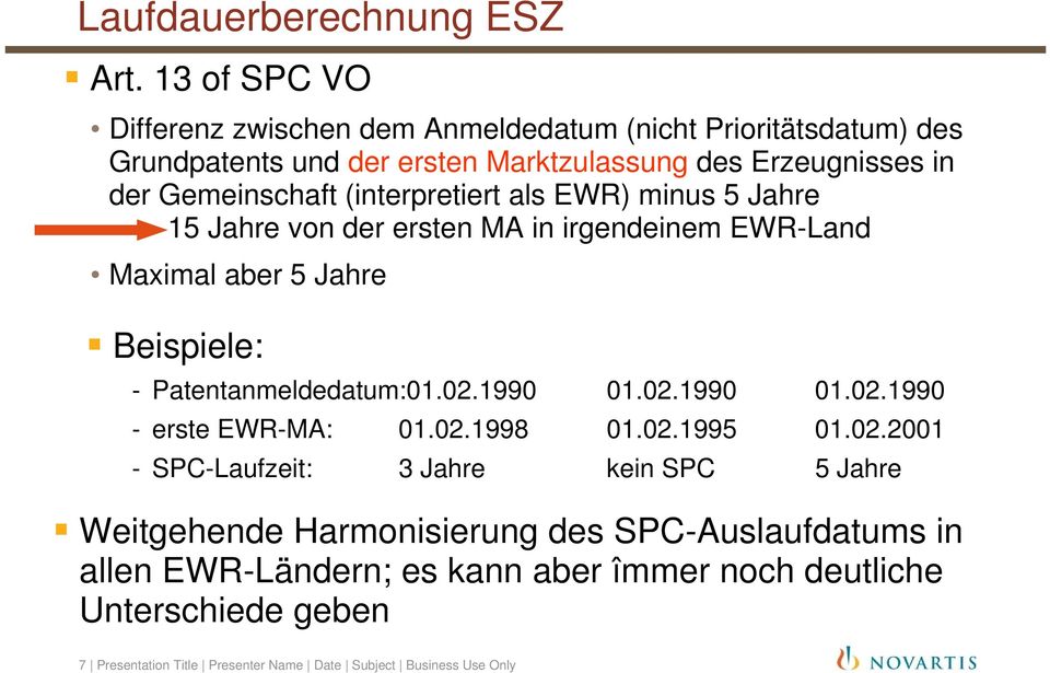 (interpretiert als EWR) minus 5 Jahre 15 Jahre von der ersten MA in irgendeinem EWR-Land Maximal aber 5 Jahre Beispiele: - Patentanmeldedatum:01.02.