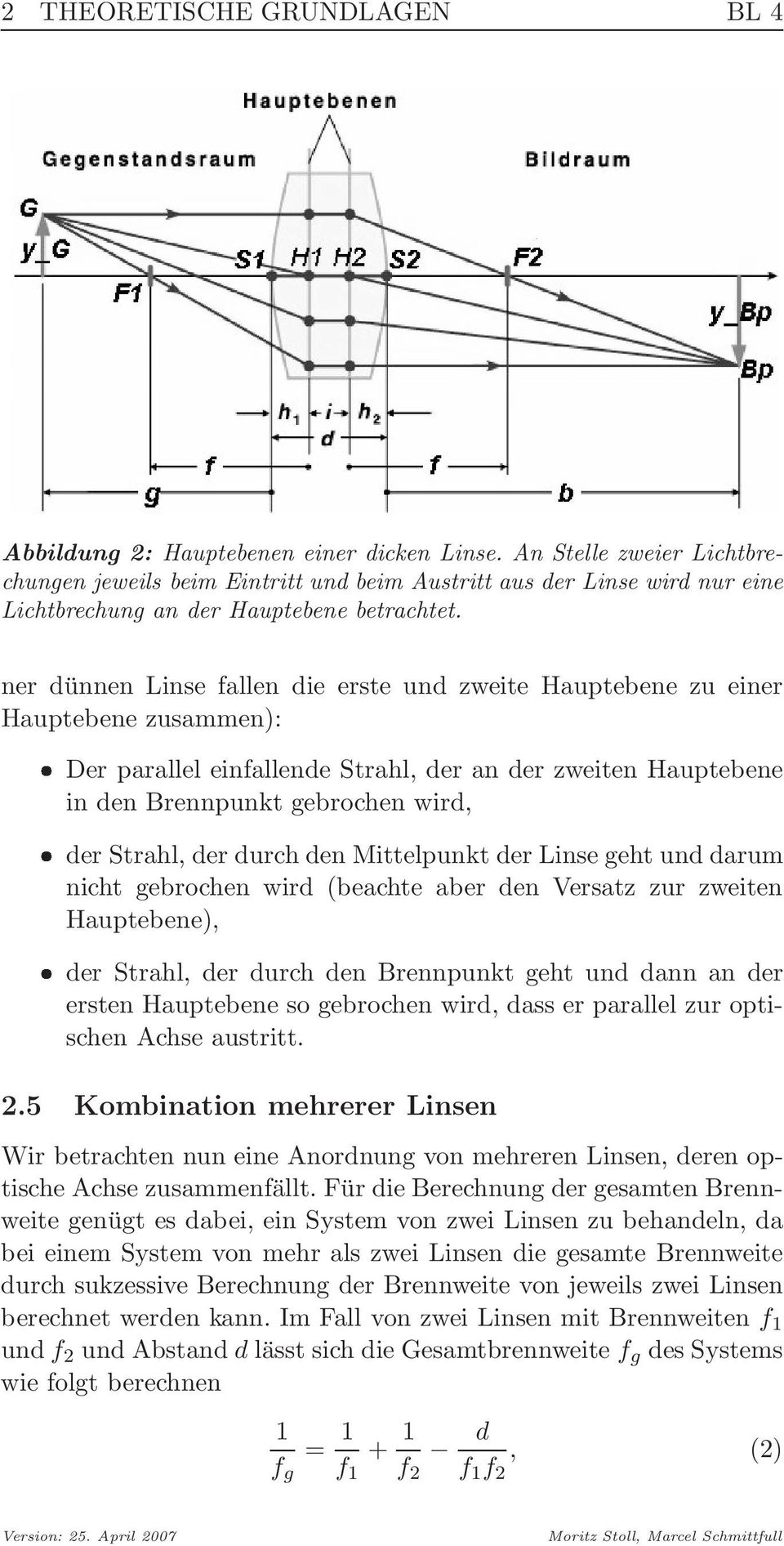 ner dünnen Linse fallen die erste und zweite Hauptebene zu einer Hauptebene zusammen): Der parallel einfallende Strahl, der an der zweiten Hauptebene in den Brennpunkt gebrochen wird, der Strahl, der