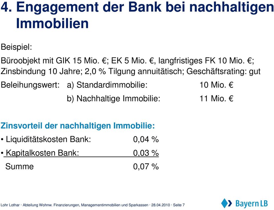 ; Zinsbindung 10 Jahre; 2,0 % Tilgung annuitätisch; Geschäftsrating: gut Beleihungswert: a) Standardimmobilie: 10 Mio.