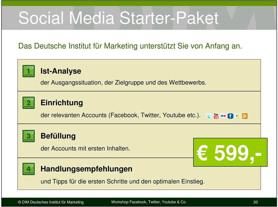 2 Einrichtung der relevanten Accounts (Facebook, Twitter, Youtube etc.).