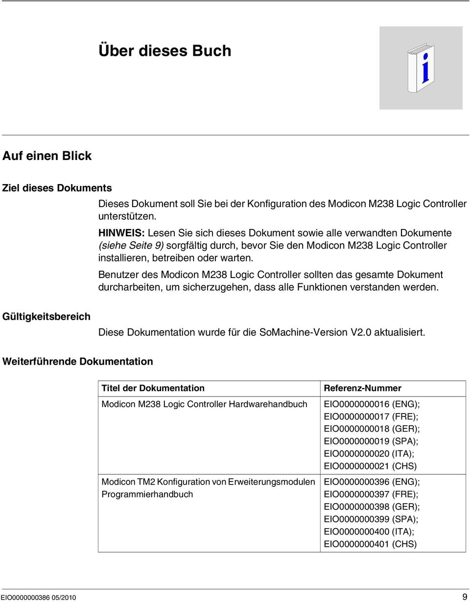 Benutzer des Modicon M238 Logic Controller sollten das gesamte Dokument durcharbeiten, um sicherzugehen, dass alle Funktionen verstanden werden.