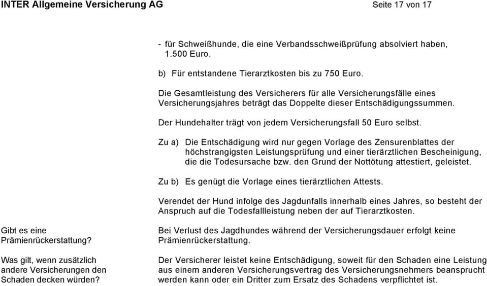 Der Hundehalter trägt von jedem Versicherungsfall 50 Euro selbst.