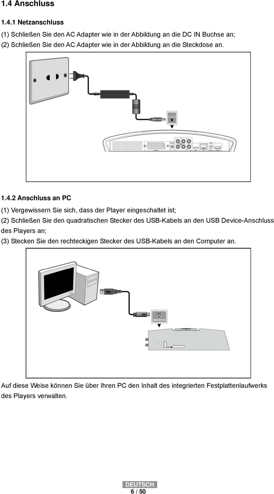 2 Anschluss an PC (1) Vergewissern Sie sich, dass der Player eingeschaltet ist; (2) Schließen Sie den quadratischen Stecker des USB-Kabels an