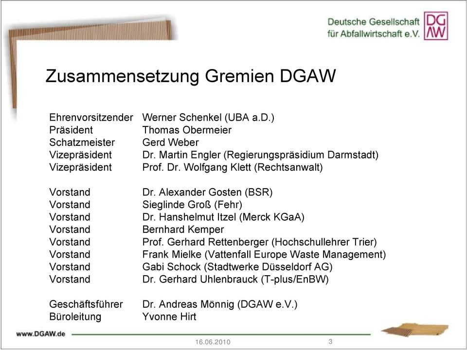 Alexander Gosten (BSR) Sieglinde Groß (Fehr) Dr. Hanshelmut Itzel (Merck KGaA) Bernhard Kemper Prof.