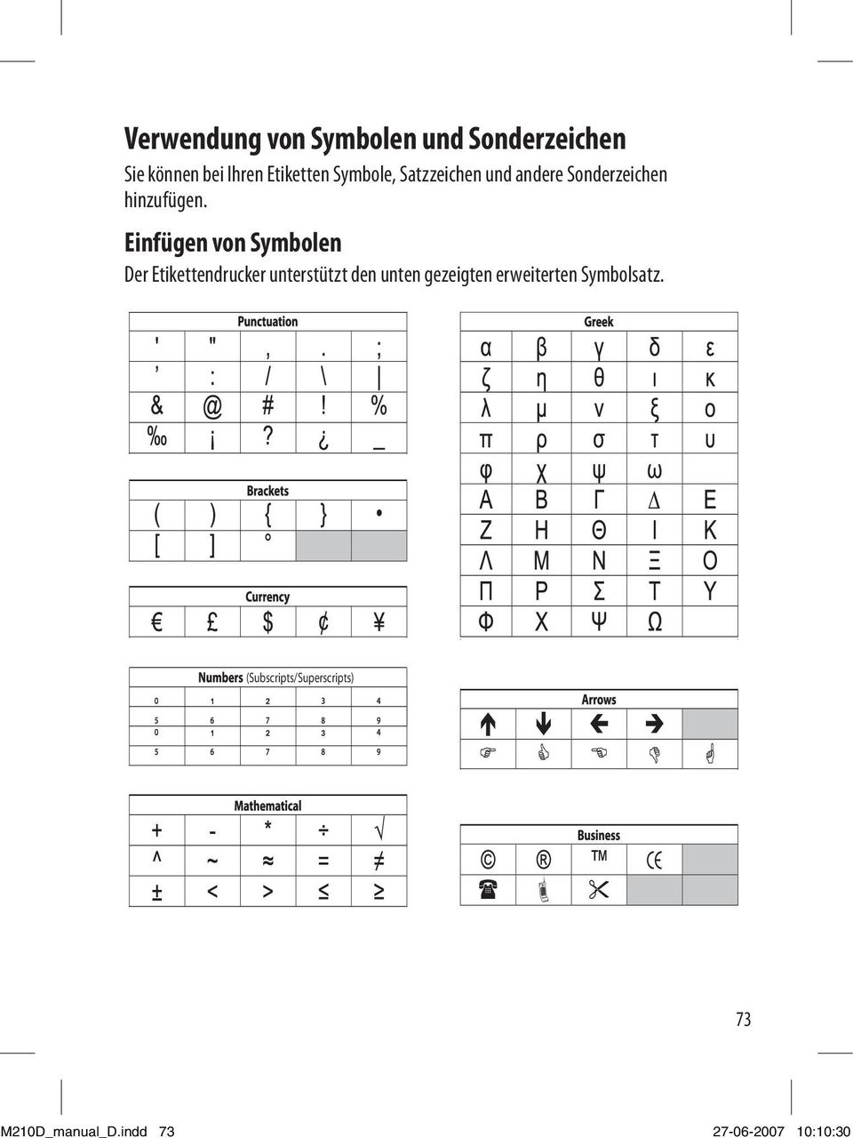 Einfügen von Symbolen Der Etikettendrucker unterstützt den unten gezeigten