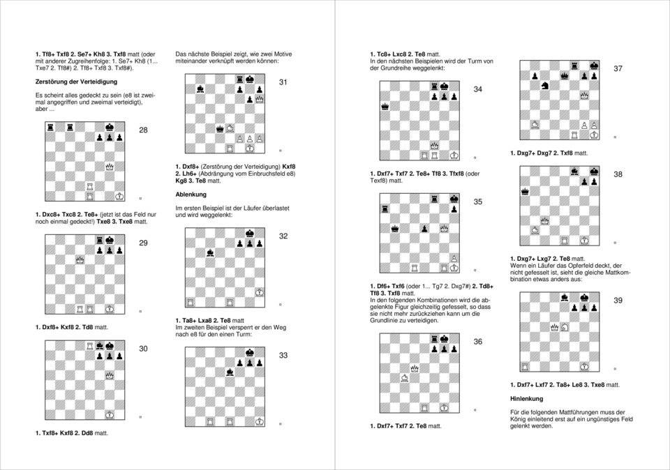 Txe8 matt. 1. Dxf8+ Kxf8 2. Td8 matt. 1. Txf8+ Kxf8 2. Dd8 matt. 29 30 Das nächste Beispiel zeigt, wie zwei Motive miteinander verknüpft werden können: 31 1.