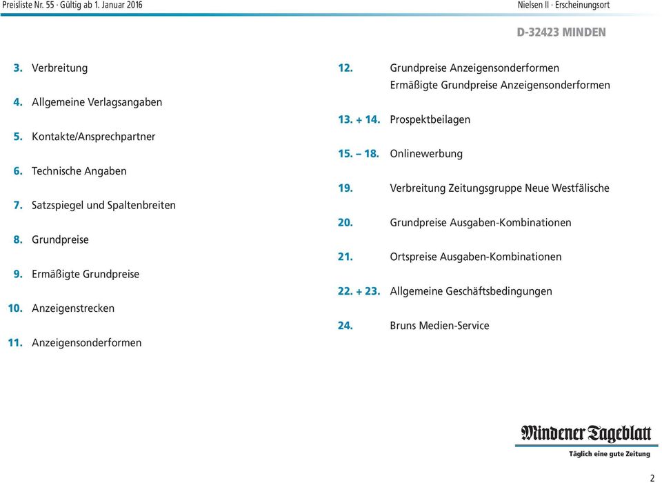 Grundpreise Anzeigensonderformen Ermäßigte Grundpreise Anzeigensonderformen 13. + 14. Prospektbeilagen 15. 18. Onlinewerbung 19.