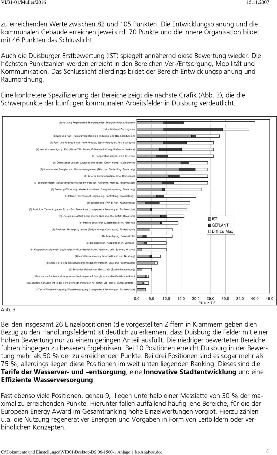 Die höchsten Punktzahlen werden erreicht in den Bereichen Ver-/Entsorgung, Mobilität und Kommunikation. Das Schlusslicht allerdings bildet der Bereich Entwicklungsplanung und Raumordnung.