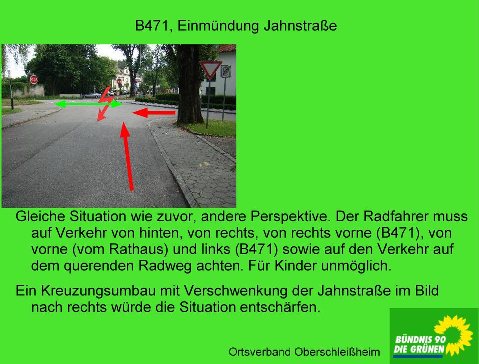 Rathaus) und links (B471) sowie auf den Verkehr auf dem querenden Radweg achten.