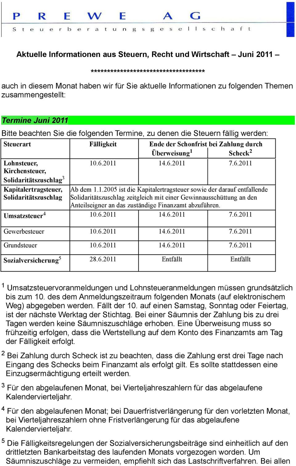 Lohnsteuer, 10.6.2011 14.6.2011 7.6.2011 Kirchensteuer, Solidaritätszuschlag 3 Kapitalertragsteuer, Solidaritätszuschlag Ab dem 1.1.2005 ist die Kapitalertragsteuer sowie der darauf entfallende Solidaritätszuschlag zeitgleich mit einer Gewinnausschüttung an den Anteilseigner an das zuständige Finanzamt abzuführen.