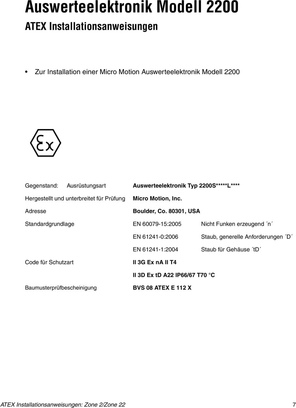 80301, USA Standardgrundlage EN 60079-15:2005 Nicht Funken erzeugend n EN 61241-0:2006 EN 61241-1:2004 Staub, generelle Anforderungen D Staub für