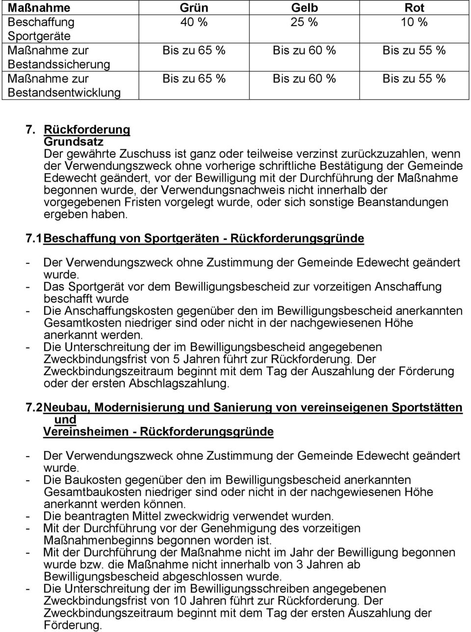 der Bewilligung mit der Durchführung der Maßnahme begonnen wurde, der Verwendungsnachweis nicht innerhalb der vorgegebenen Fristen vorgelegt wurde, oder sich sonstige Beanstandungen ergeben haben. 7.