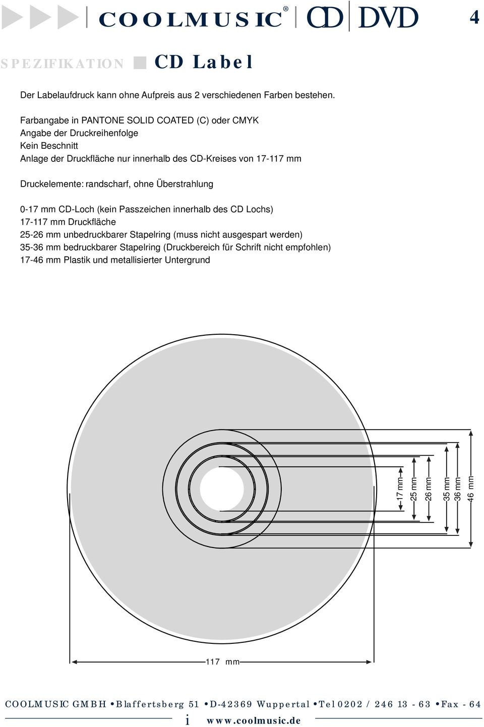 mm Druckelemente: randscharf, ohne Überstrahlung 0-17 mm CD-Loch (kein Passzeichen innerhalb des CD Lochs) 17-117 mm Druckfläche 25-26 mm unbedruckbarer