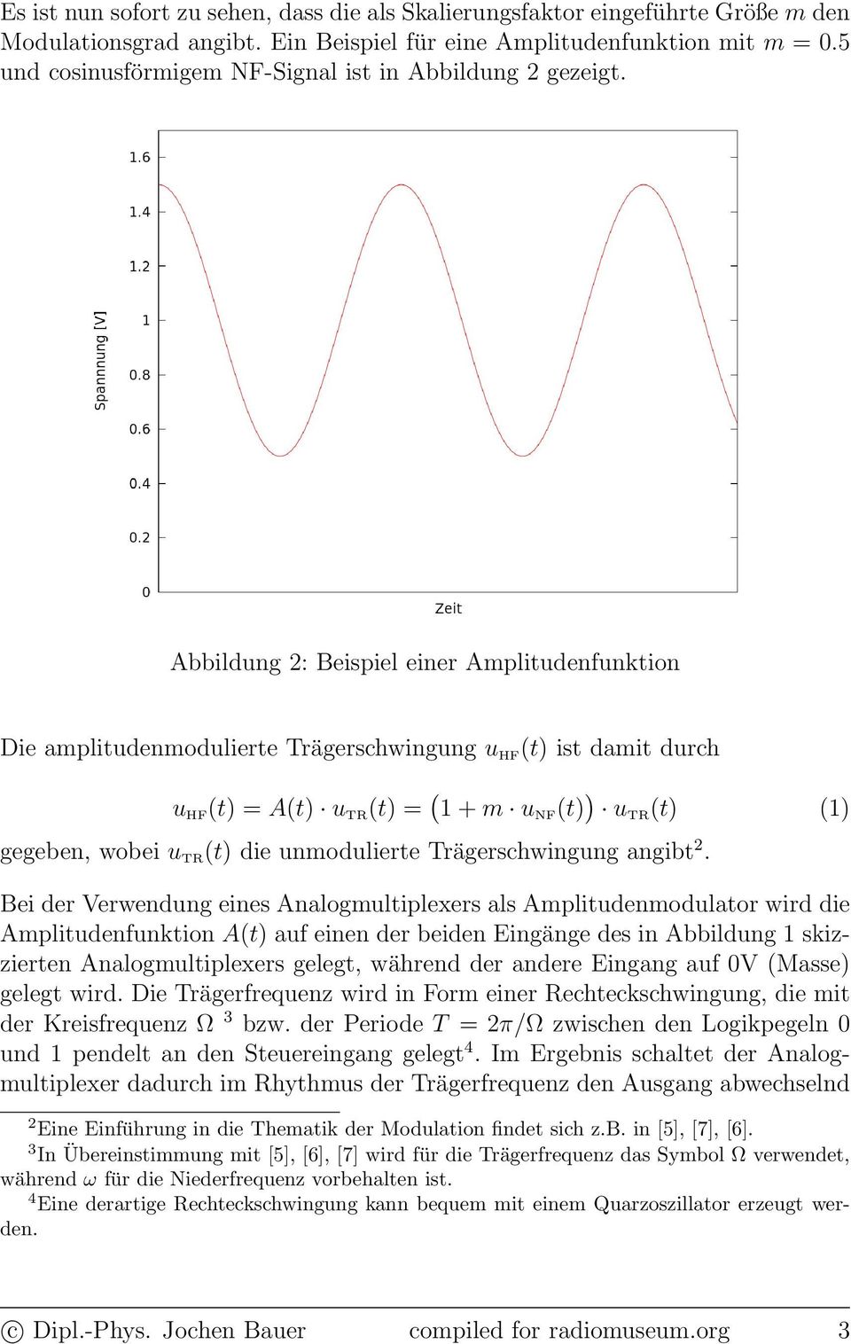 Abbildung : Beispiel einer Amplitudenfunktion Die amplitudenmodulierte Trägerschwingung u HF (t) ist damit durch u HF (t) = A(t) u TR (t) = ( 1 + m u NF (t) ) u TR (t) (1) gegeben, wobei u TR (t) die
