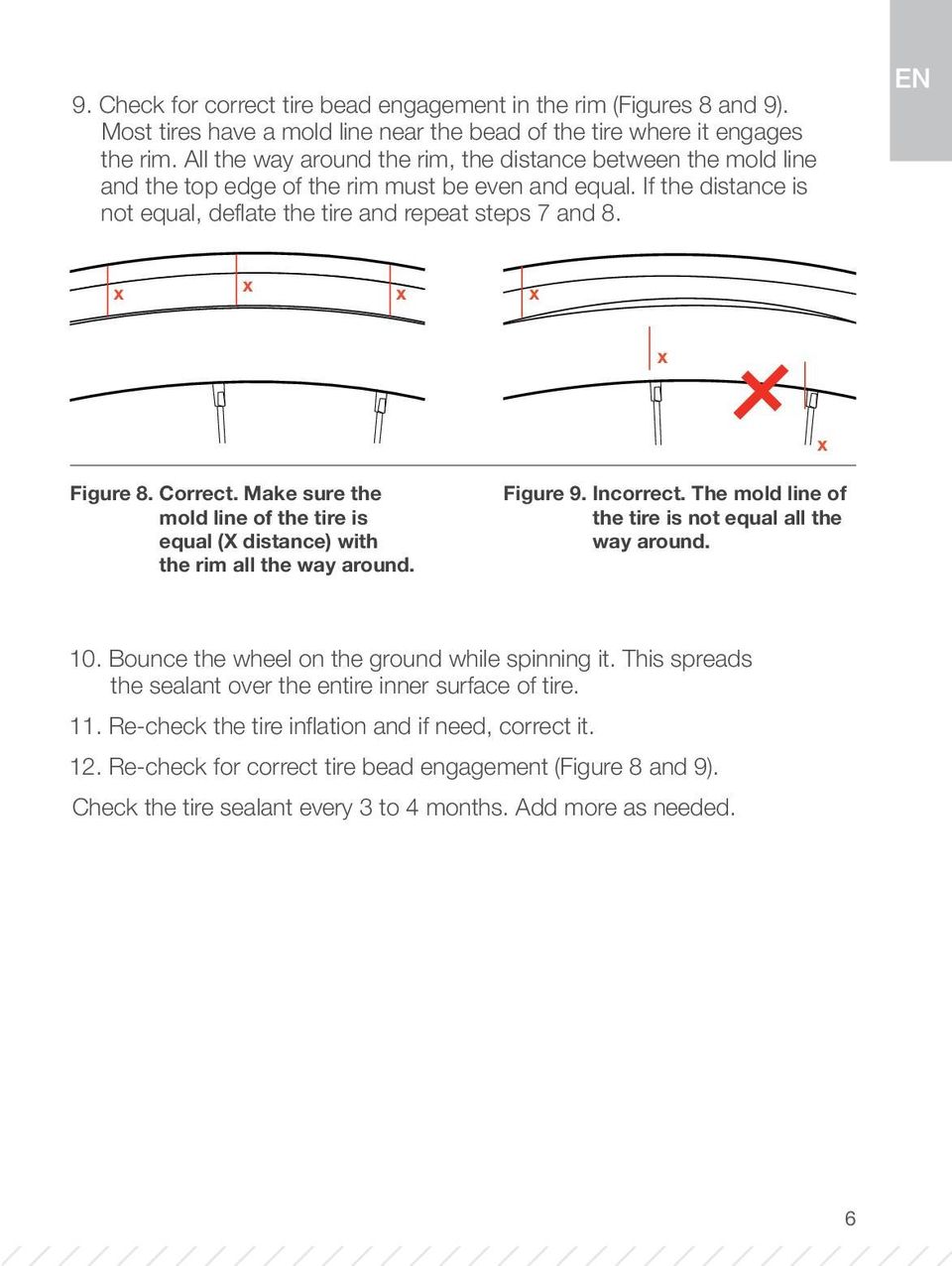 Correct. Make sure the mold line of the tire is equal (X distance) with the rim all the way around. Figure 9. Incorrect. The mold line of the tire is not equal all the way around. 10.