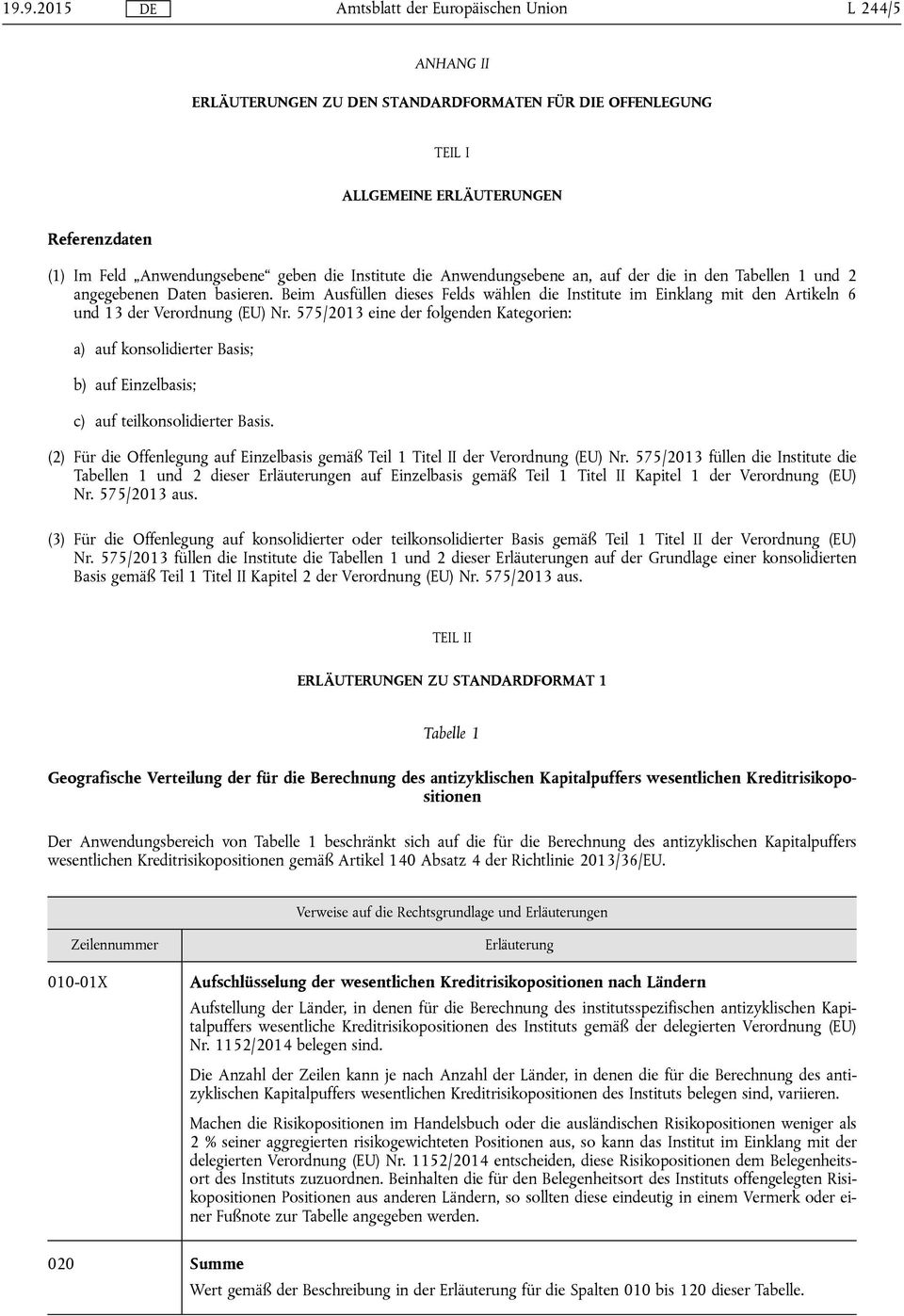 575/2013 eine der folgenden Kategorien: a) auf konsolidierter Basis; b) auf Einzelbasis; c) auf teilkonsolidierter Basis.