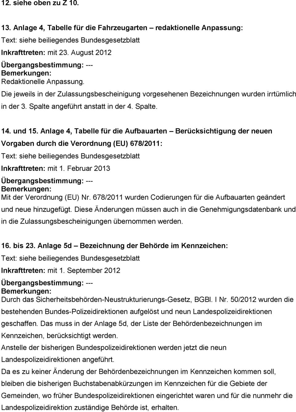 Anlage 4, Tabelle für die Aufbauarten Berücksichtigung der neuen Vorgaben durch die (EU) 678/2011: Inkrafttreten: mit 1. Februar 2013 Mit der (EU) Nr.