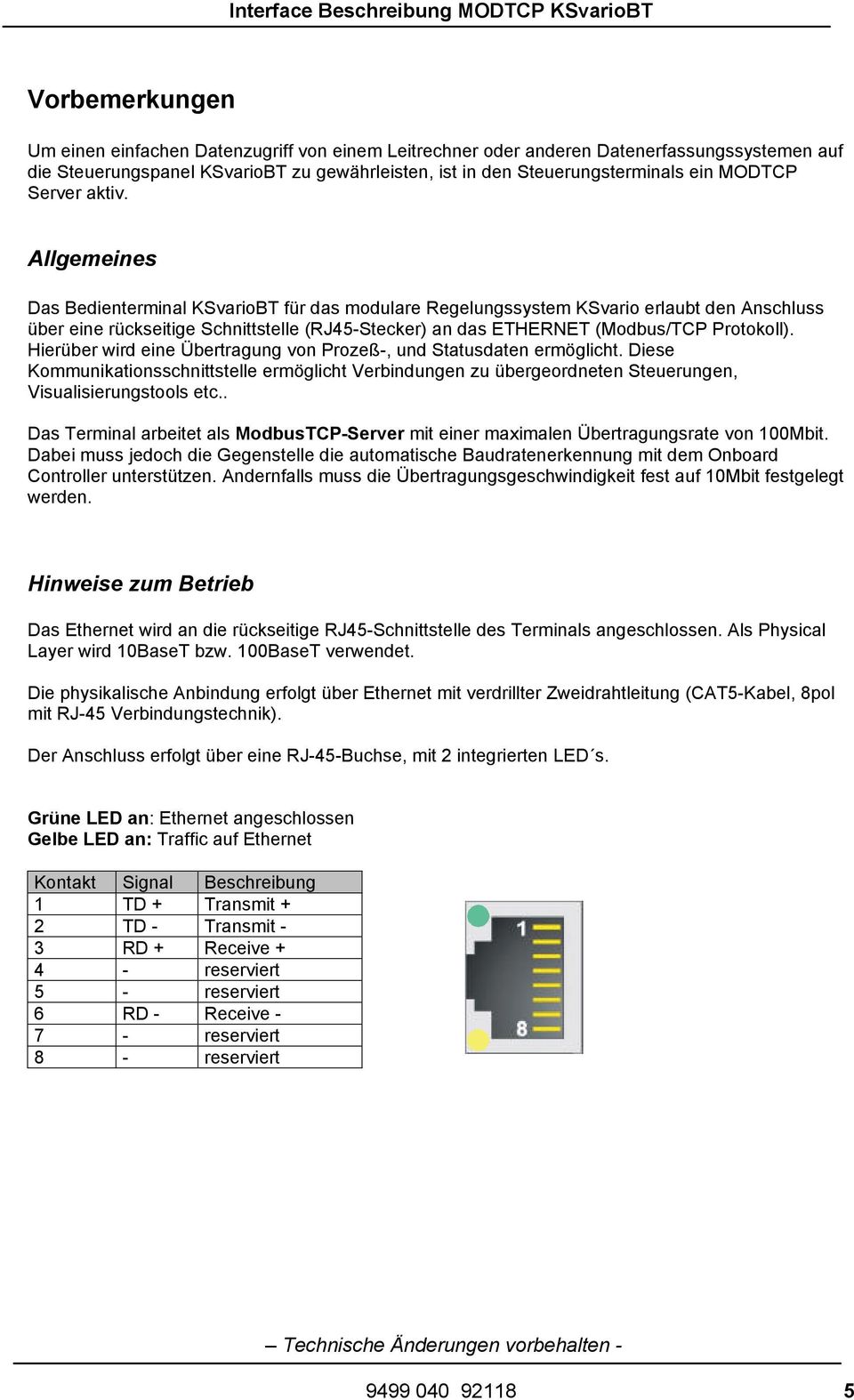 Allgemeines Das Bedienterminal KSvarioBT für das modulare Regelungssystem KSvario erlaubt den Anschluss über eine rückseitige Schnittstelle (RJ45-Stecker) an das ETHERNET (Modbus/TCP Protokoll).