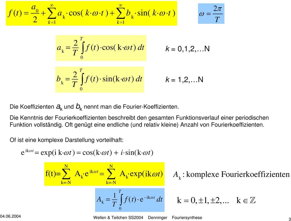 Die Kenntnis der Fourierkoeffizienten beschreibt den gesamten Funktionsverlauf einer periodischen Funktion vollständig.