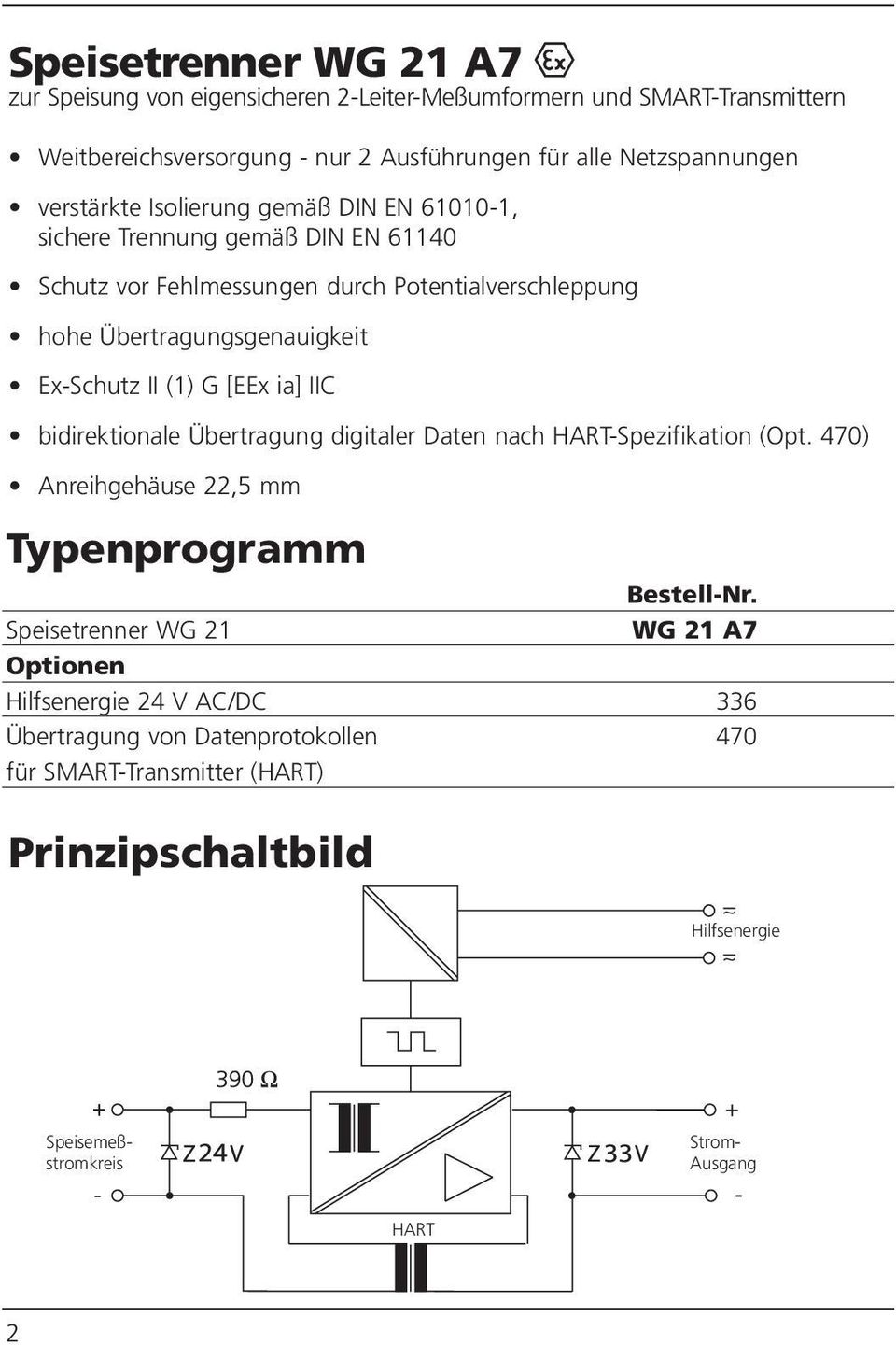 II (1) G [EEx ia] IIC bidirektionale Übertragung digitaler Daten nach HART-Spezifikation (Opt. 470) Anreihgehäuse 22,5 mm Typenprogramm Bestell-Nr.