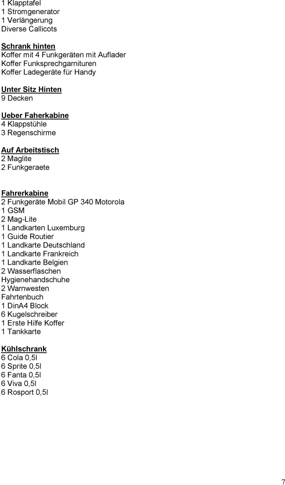 Motorola 1 GSM 2 Mag-Lite 1 Landkarten Luxemburg 1 Guide Routier 1 Landkarte Deutschland 1 Landkarte Frankreich 1 Landkarte Belgien 2 Wasserflaschen