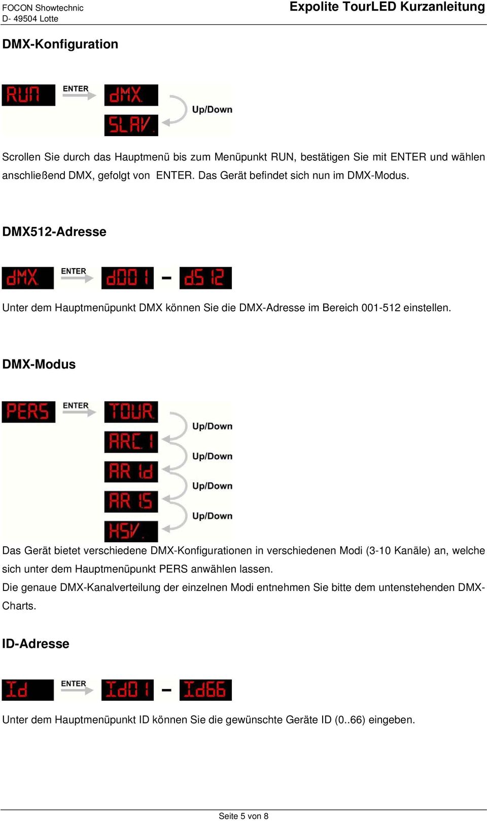 DMX-Modus Das Gerät bietet verschiedene DMX-Konfigurationen in verschiedenen Modi (3-10 Kanäle) an, welche sich unter dem Hauptmenüpunkt PERS anwählen lassen.