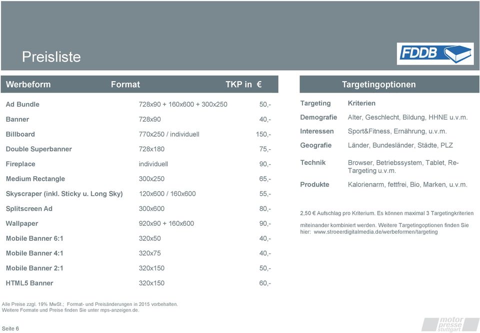 Long Sky) 120x600 / 160x600 55,- Targeting Demografie Interessen Geografie Technik Produkte Targetingoptionen Targetingoptionen Kriterien Alter, Geschlecht, Bildung, HHNE u.v.m. Sport&Fitness, Ernährung, u.