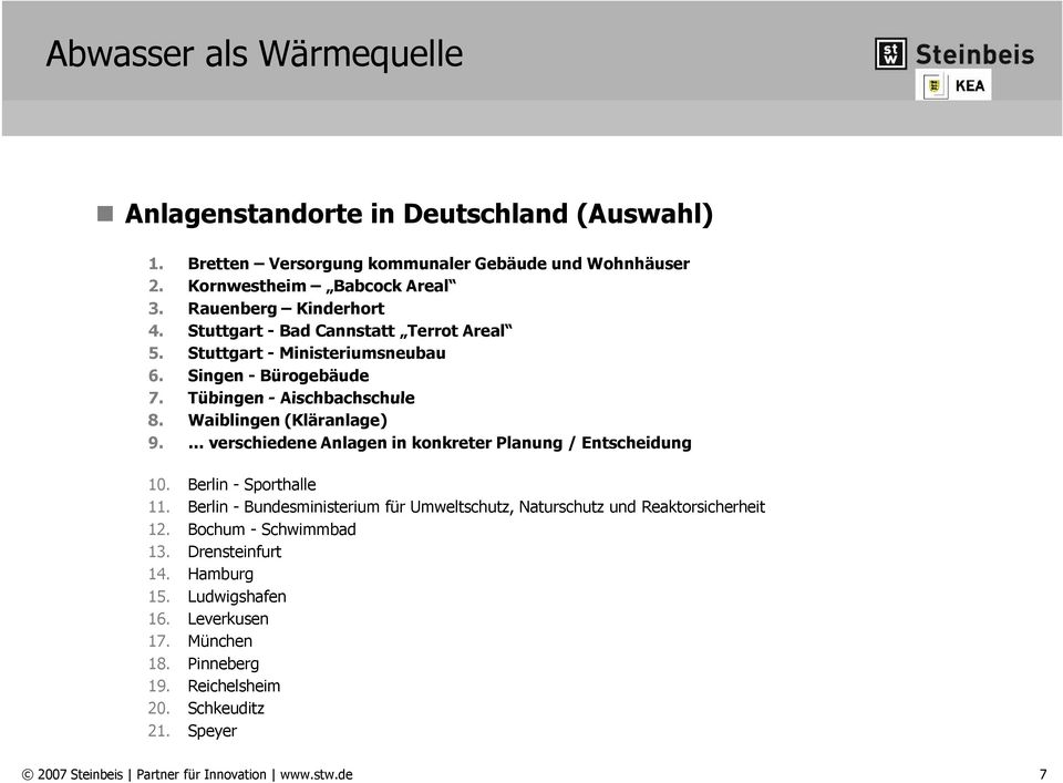 Waiblingen (Kläranlage) 9. verschiedene Anlagen in konkreter Planung / Entscheidung 10. Berlin - Sporthalle 11.