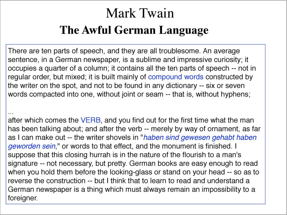 built mainly of compound words constructed by the writer on the spot, and not to be found in any dictionary -- six or seven words compacted into one, without joint or seam -- that is, without