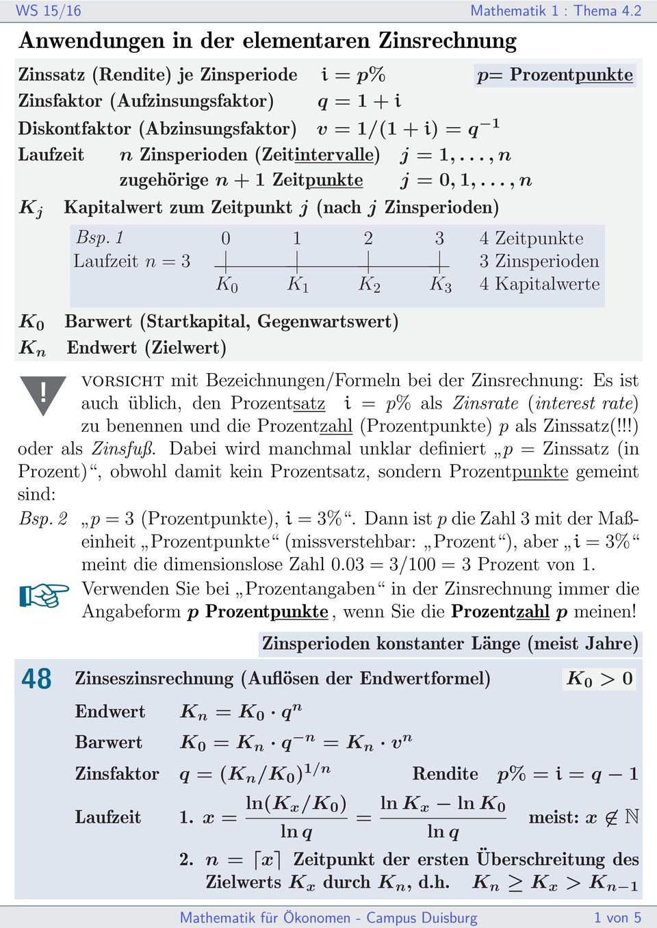 1 0 1 2 3 4 Zeitpunkte K 0 K 1 K 2 K 3 4 Kapitalwerte Barwert (Startkapital, Gegenwartswert) Endwert (Zielwert) vorsicht mit Bezeichnungen/Formeln bei der Zinsrechnung: Es ist auch üblich, den