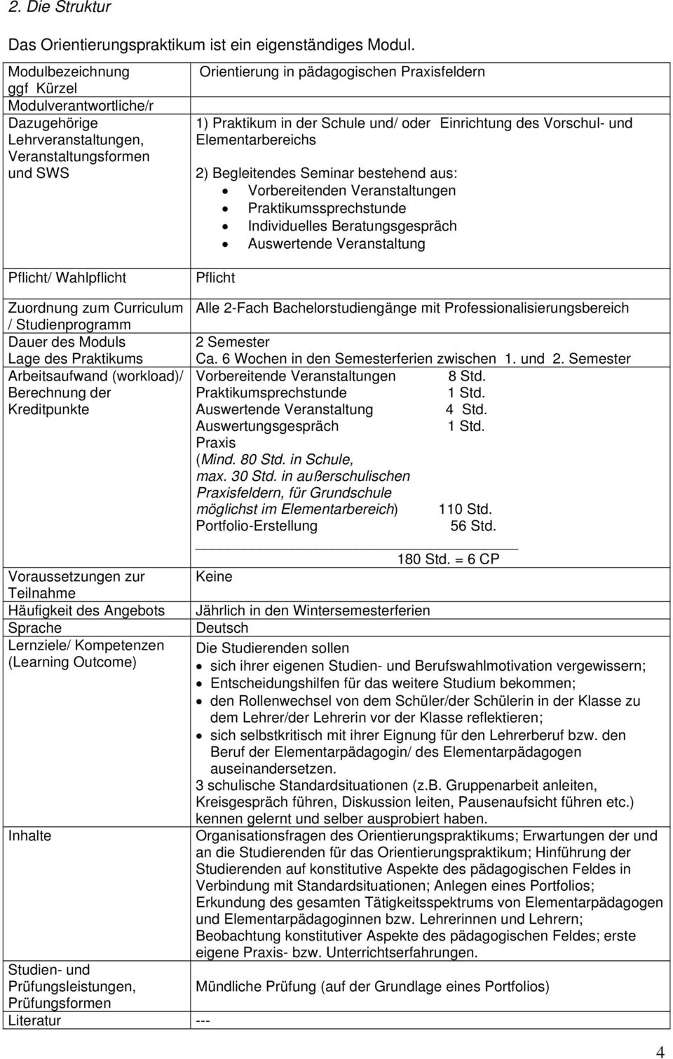 Einrichtung des Vorschul- und Elementarbereichs 2) Begleitendes Seminar bestehend aus: Vorbereitenden Veranstaltungen Praktikumssprechstunde Individuelles Beratungsgespräch Auswertende Veranstaltung