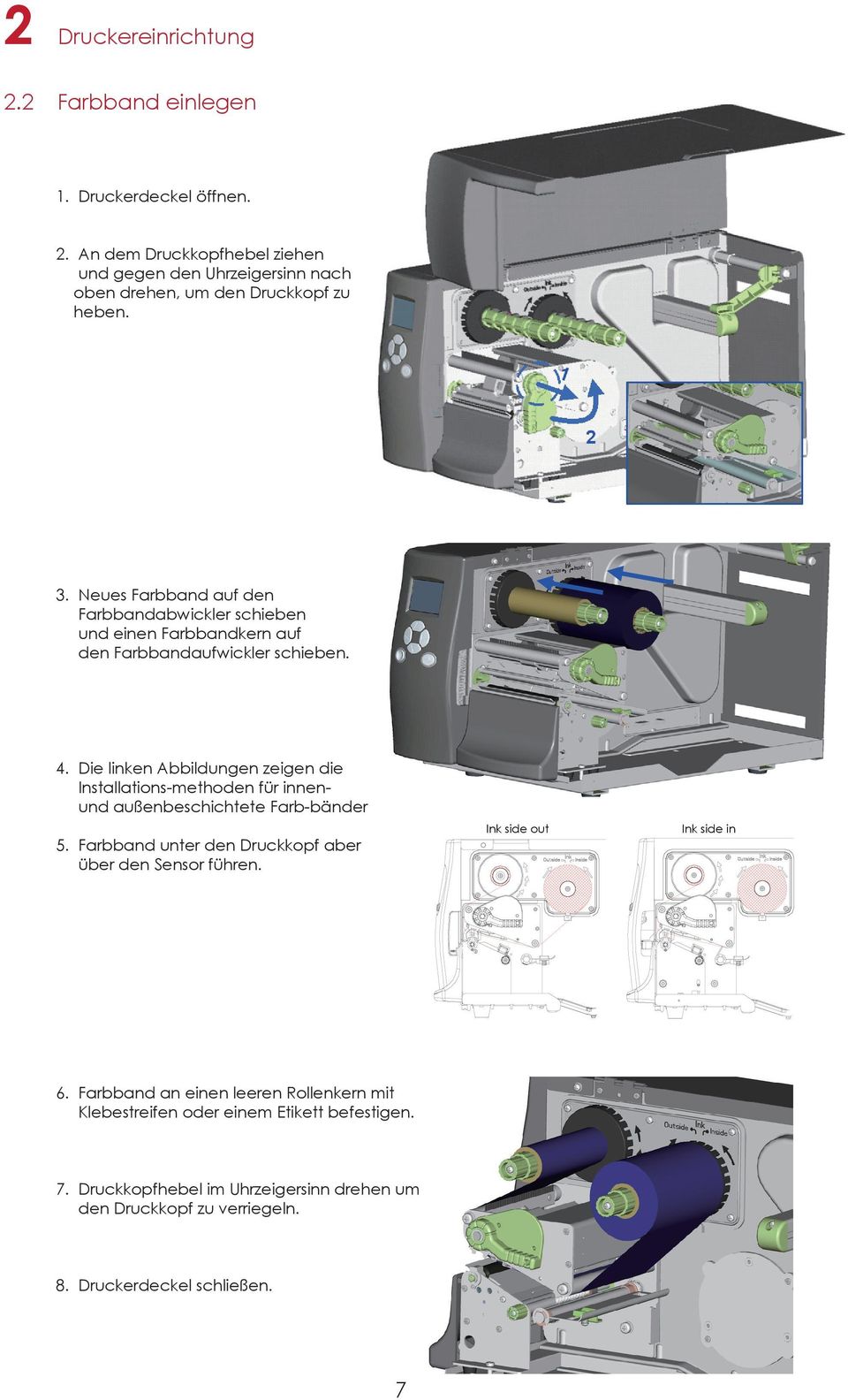 Die linken Abbildungen zeigen die Installations-methoden für innenund außenbeschichtete Farb-bänder 5. Farbband unter den Druckkopf aber über den Sensor führen.