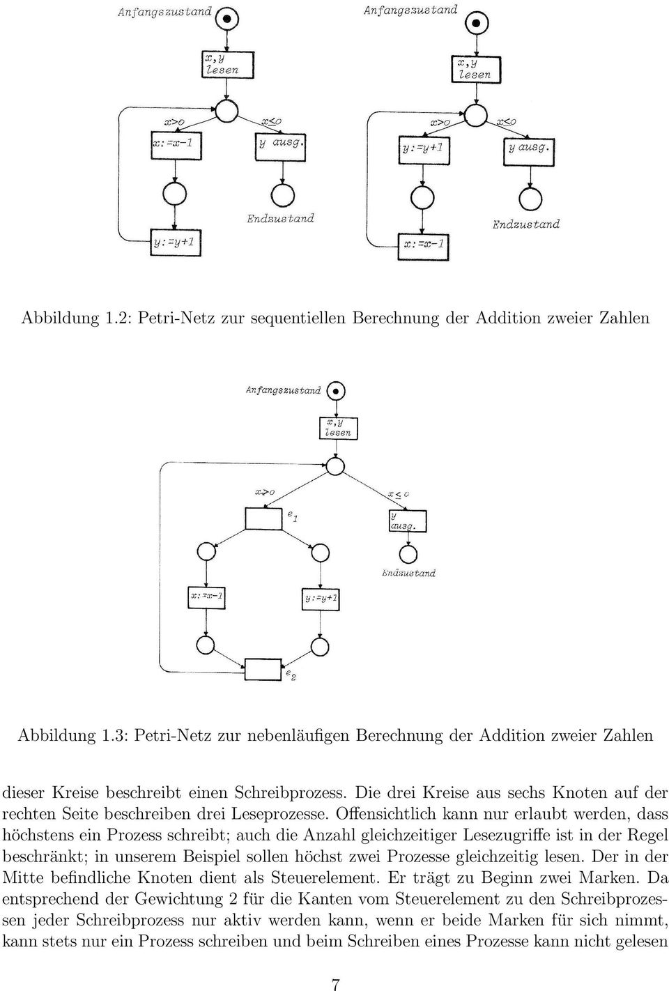 Die drei Kreise aus sechs Knoten auf der rechten Seite beschreiben drei Leseprozesse.