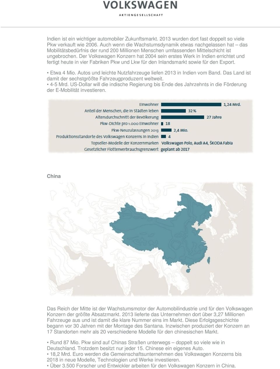 Der Volkswagen Konzern hat 2004 sein erstes Werk in Indien errichtet und fertigt heute in vier Fabriken Pkw und Lkw für den Inlandsmarkt sowie für den Export. Etwa 4 Mio.