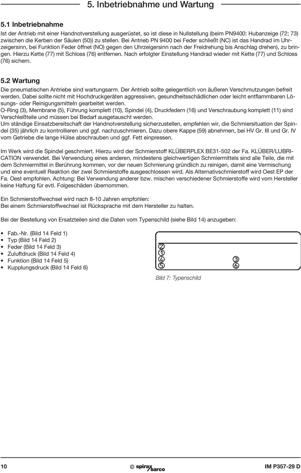 Bei Antrieb PN 9400 bei Feder schließt (NC) ist das Handrad im Uhrzeigersinn, bei Funktion Feder öffnet (NO) gegen den Uhrzeigersinn nach der Freidrehung bis Anschlag drehen), zu bringen.