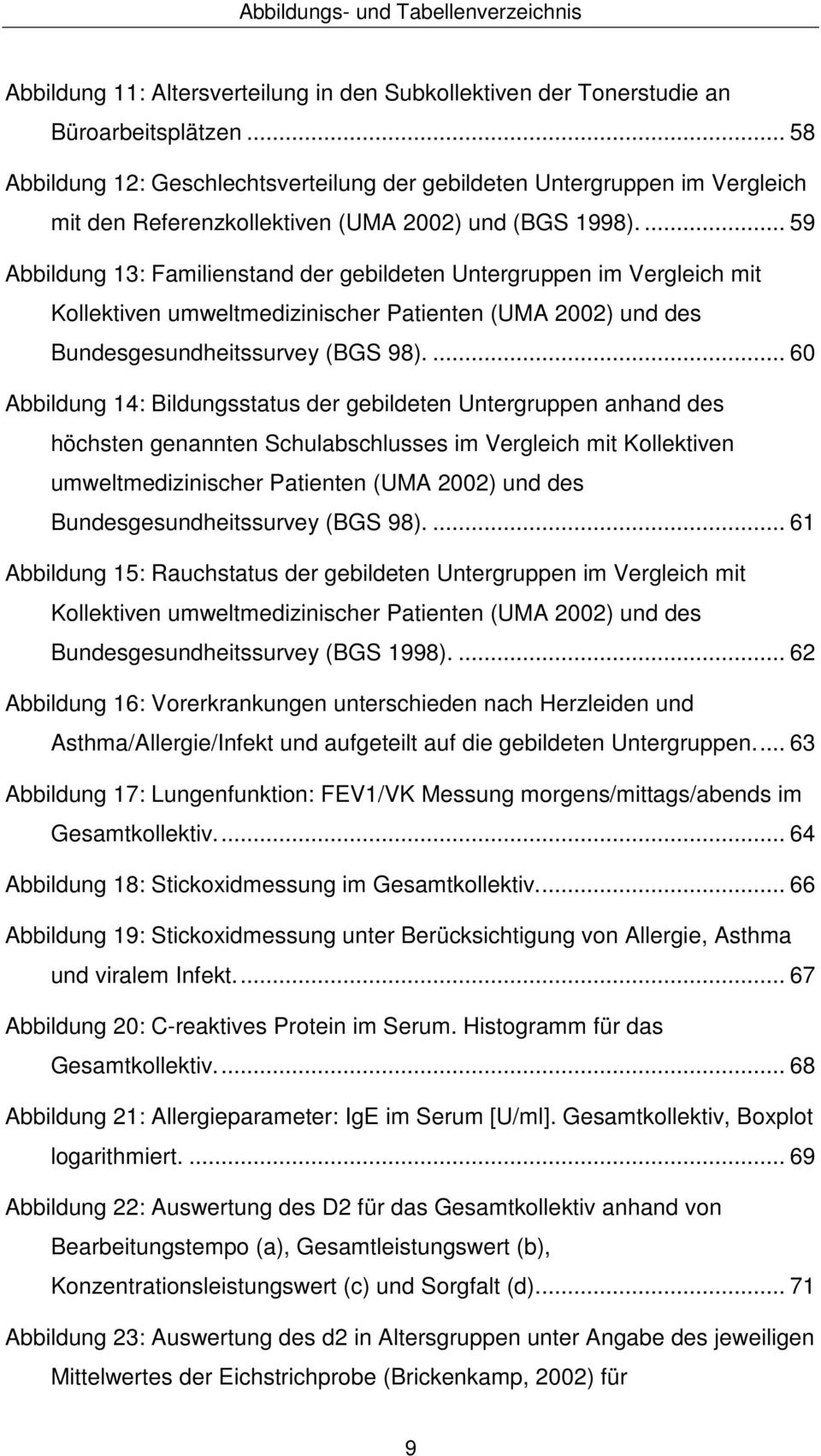 ... 59 Abbildung 13: Familienstand der gebildeten Untergruppen im Vergleich mit Kollektiven umweltmedizinischer Patienten (UMA 2002) und des Bundesgesundheitssurvey (BGS 98).