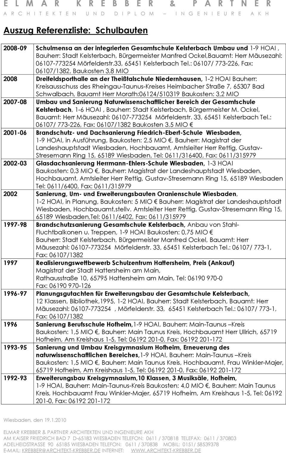 : 06107/ 773-226, Fax: 06107/1382, Baukosten 3,8 MIO 2008 Dreifeldsporthalle an der Theißtalschule Niedernhausen, 1-2 HOAI Bauherr: Kreisausschuss des Rheingau-Taunus-Kreises Heimbacher Straße 7,