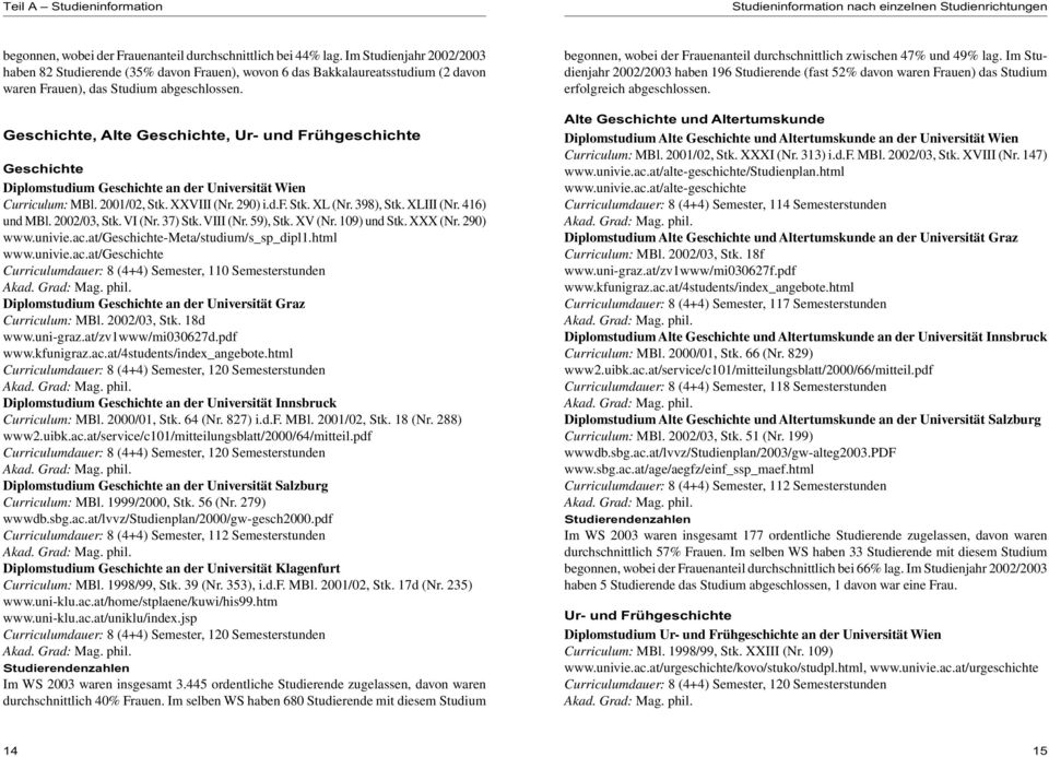 Geschichte, Alte Geschichte, Ur- und Frühgeschichte Geschichte Diplomstudium Geschichte an der Universität Wien Curriculum: MBl. 2001/02, Stk. XXVIII (Nr. 290) i.d.f. Stk. XL (Nr. 398), Stk.