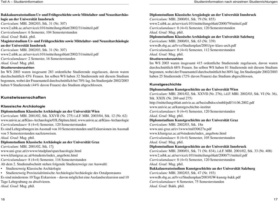 Magisterstudium Ur- und Frühgeschichte sowie Mittelalter- und Neuzeitarchäologie an der Universität Innsbruck Curriculum: MBl. 2002/03, Stk. 31 (Nr. 307) www2.uibk.ac.