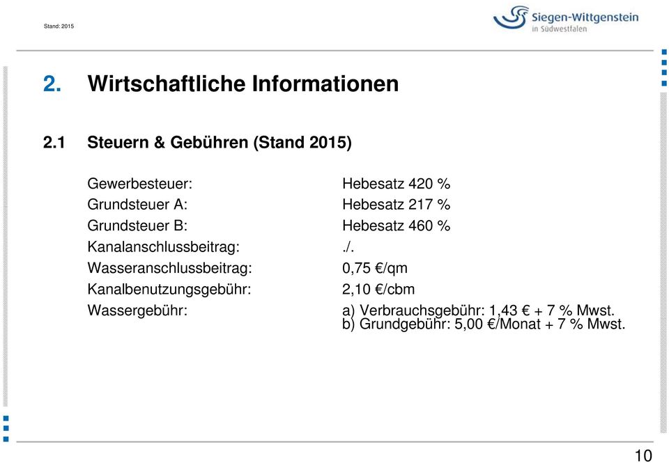 Hebesatz 217 % Grundsteuer B: Hebesatz 460 % Kanalanschlussbeitrag:./.