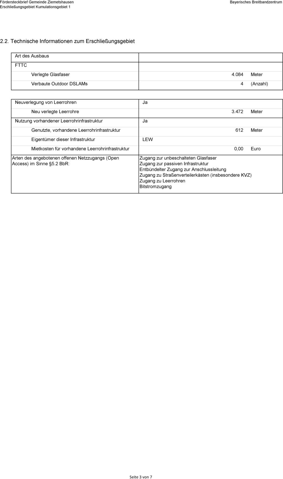 472 Meter Nutzung vorhandener Leerrohrinfrastruktur Genutzte, vorhandene Leerrohrinfrastruktur 612 Meter Eigentümer dieser Infrastruktur LEW Mietkosten für vorhandene